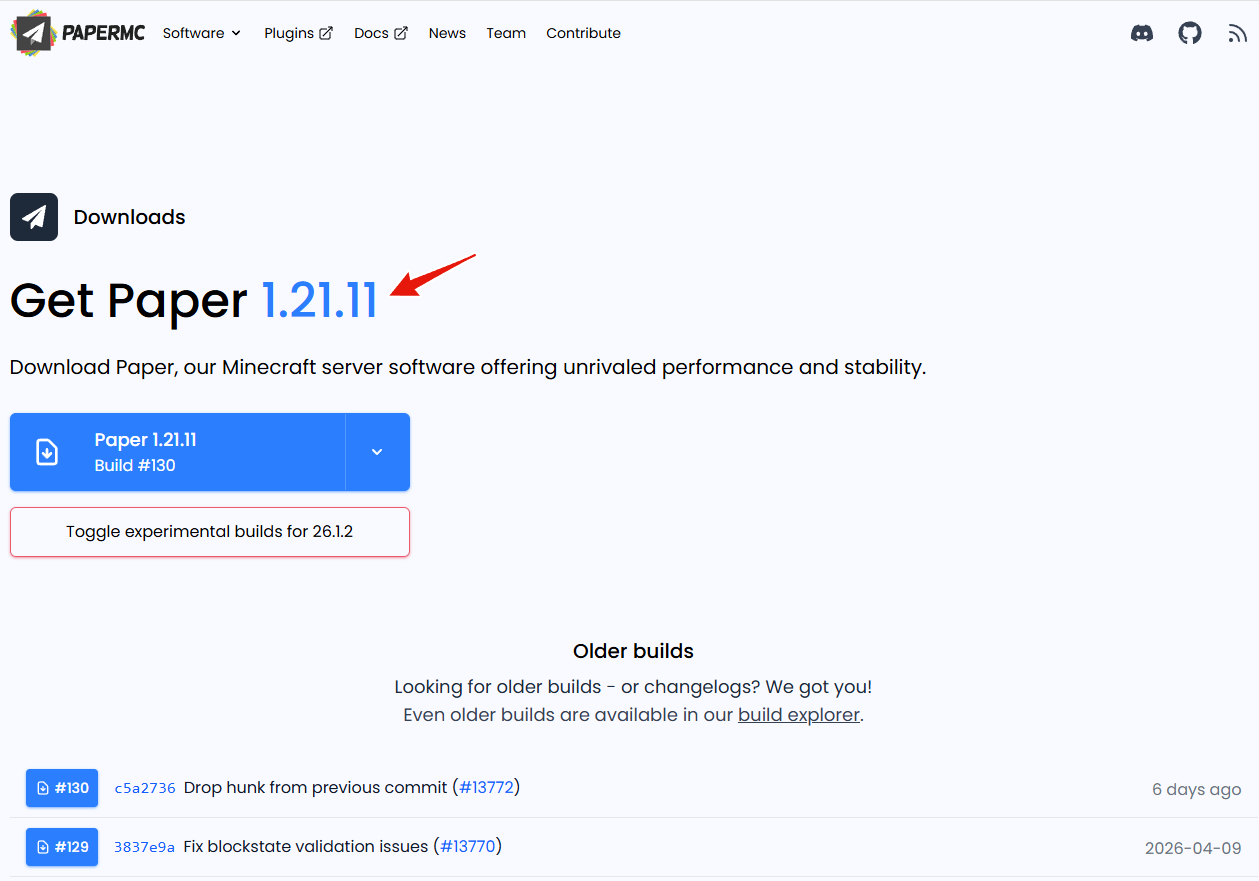 Paper downloads page showing the current stable Paper Minecraft version and build number