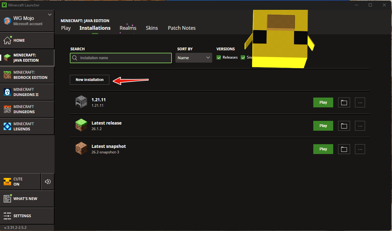 Minecraft Launcher Installations page with the New installation button highlighted