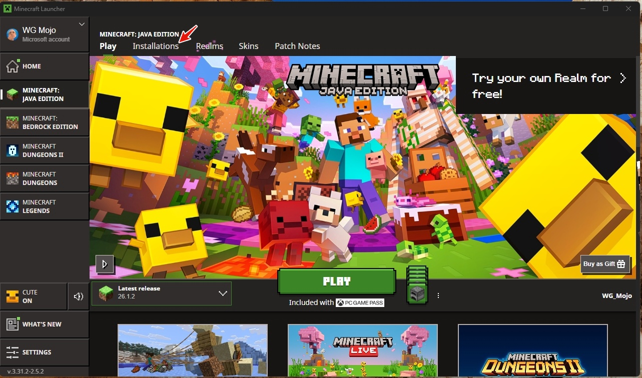 Minecraft Launcher with the Installations tab highlighted