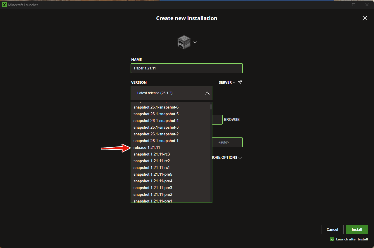 Create new installation screen with a matching release selected in the Version dropdown