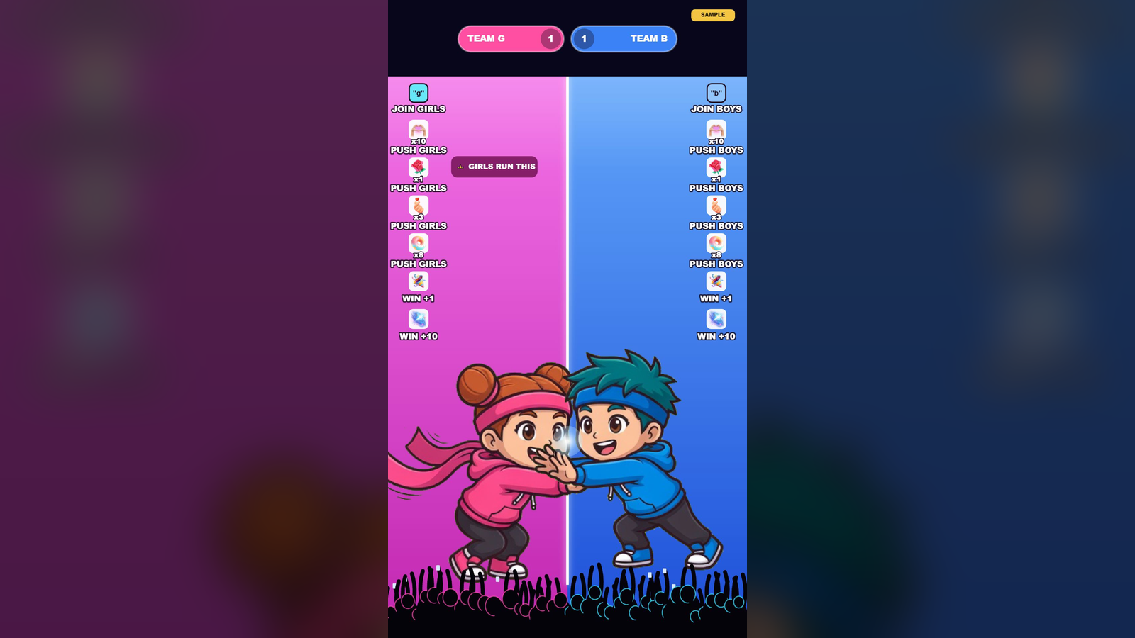 Boys vs Girls hero screenshot showing active battle