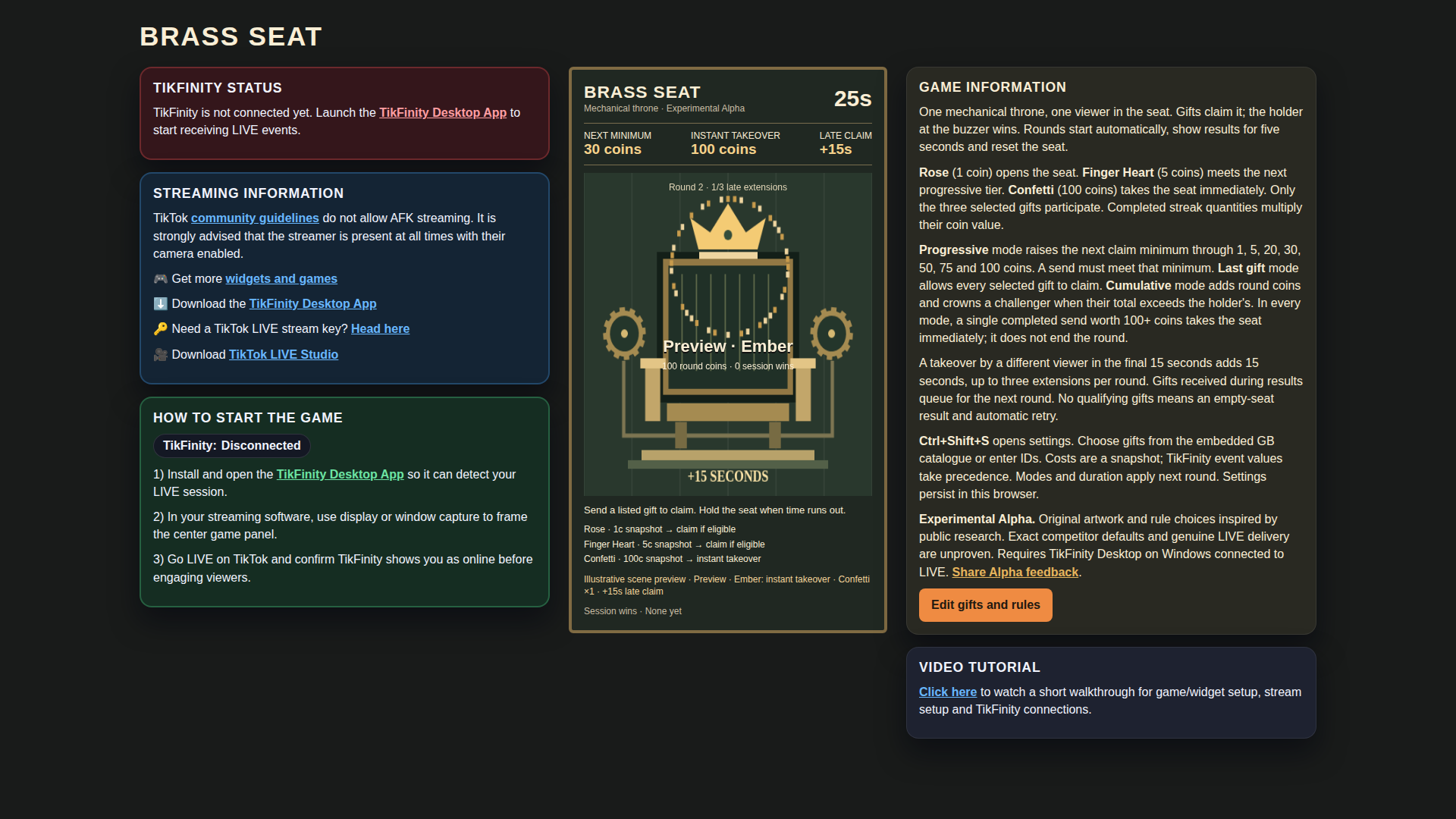 Brass Seat hero screenshot showing instant coronation