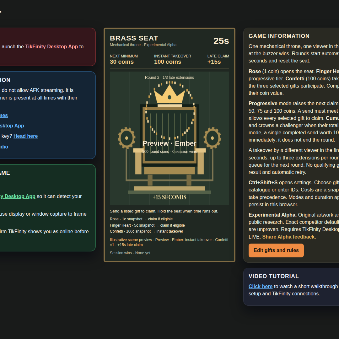 Brass Seat screenshot showing instant coronation