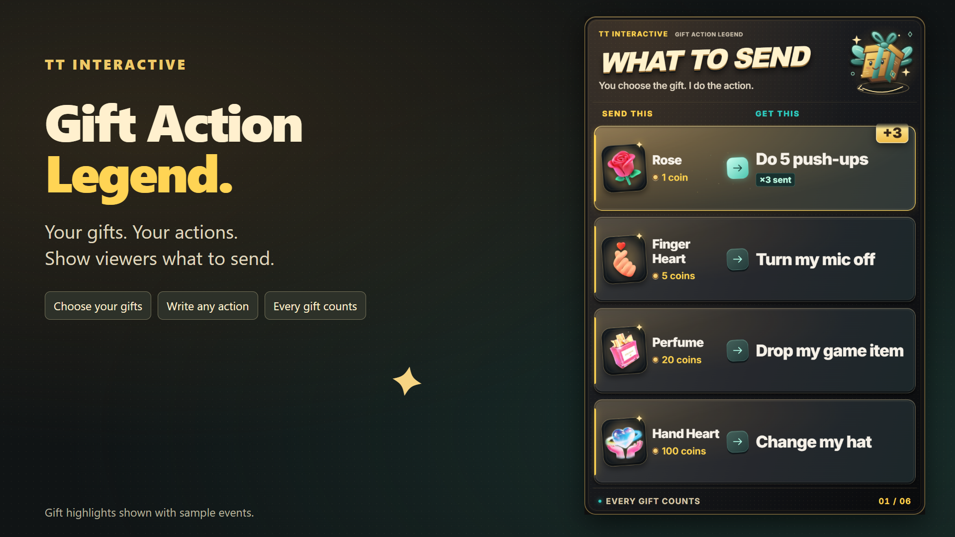 Gift Action Legend hero screenshot showing custom guide