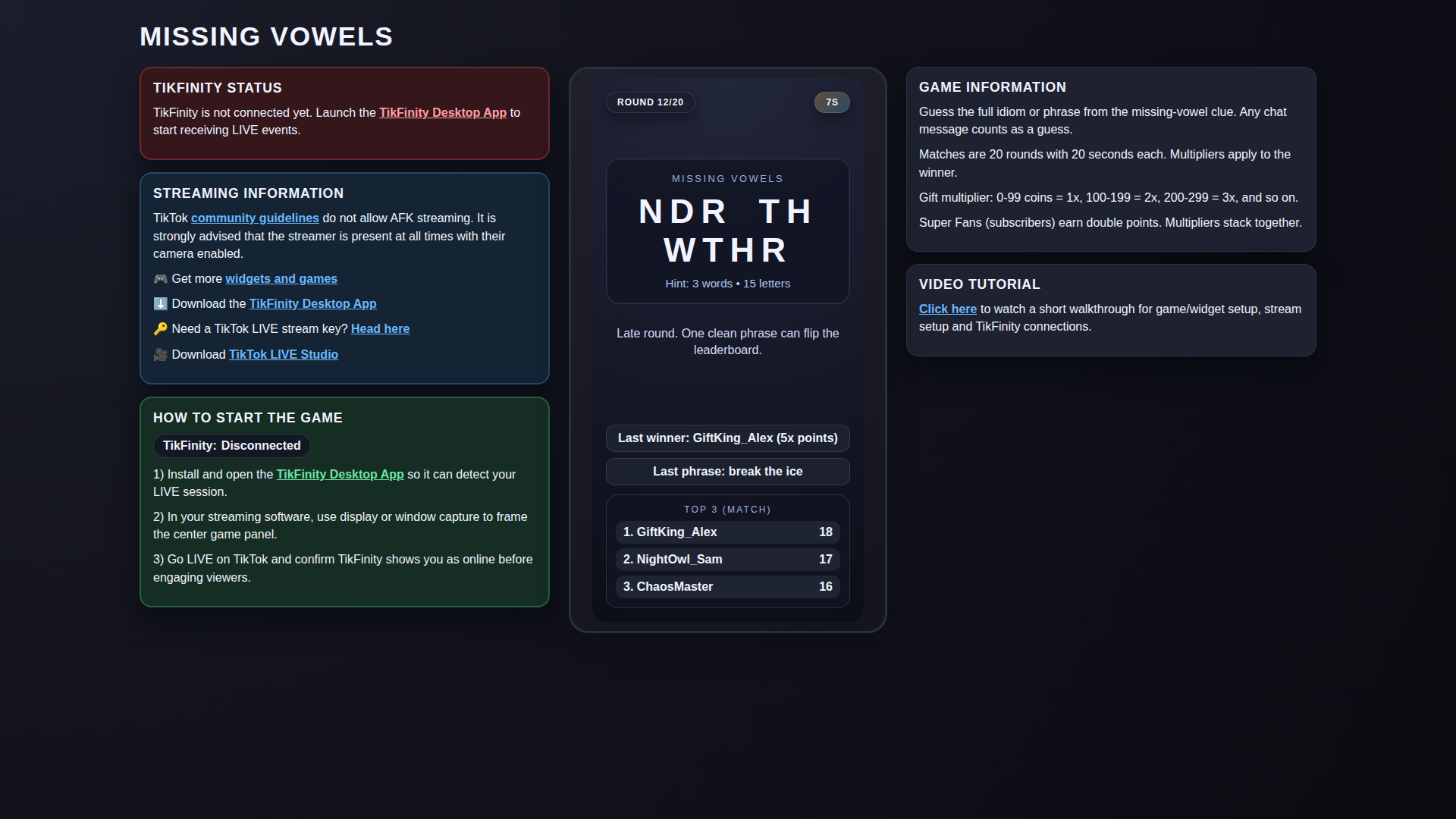 Missing Vowels hero screenshot showing close leaderboard